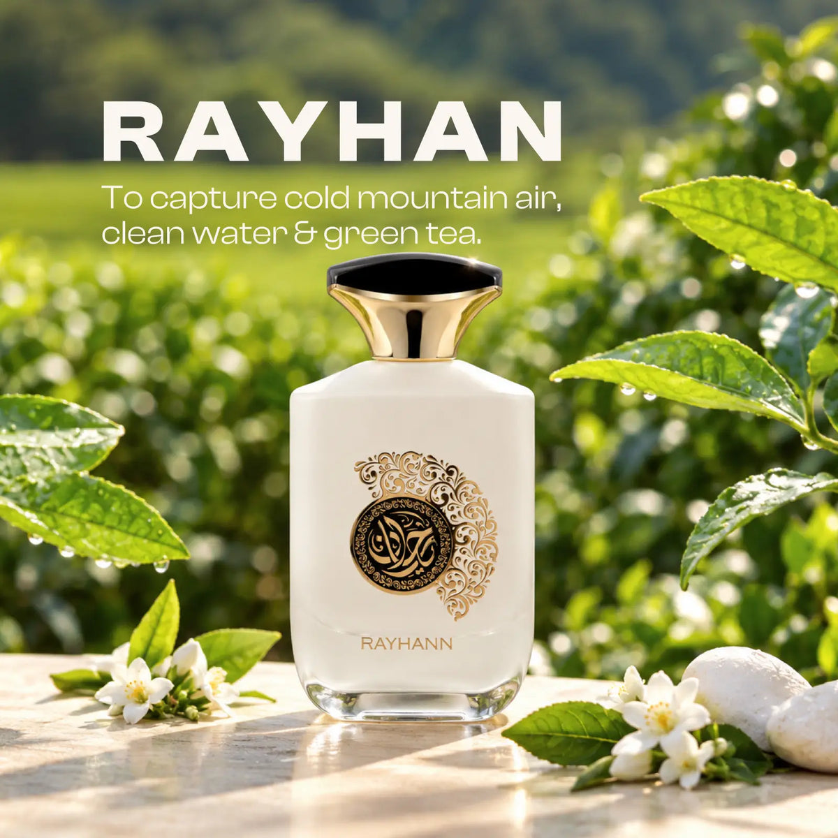 Rayhann for men and women perfume bottle in a tea field with white blossoms