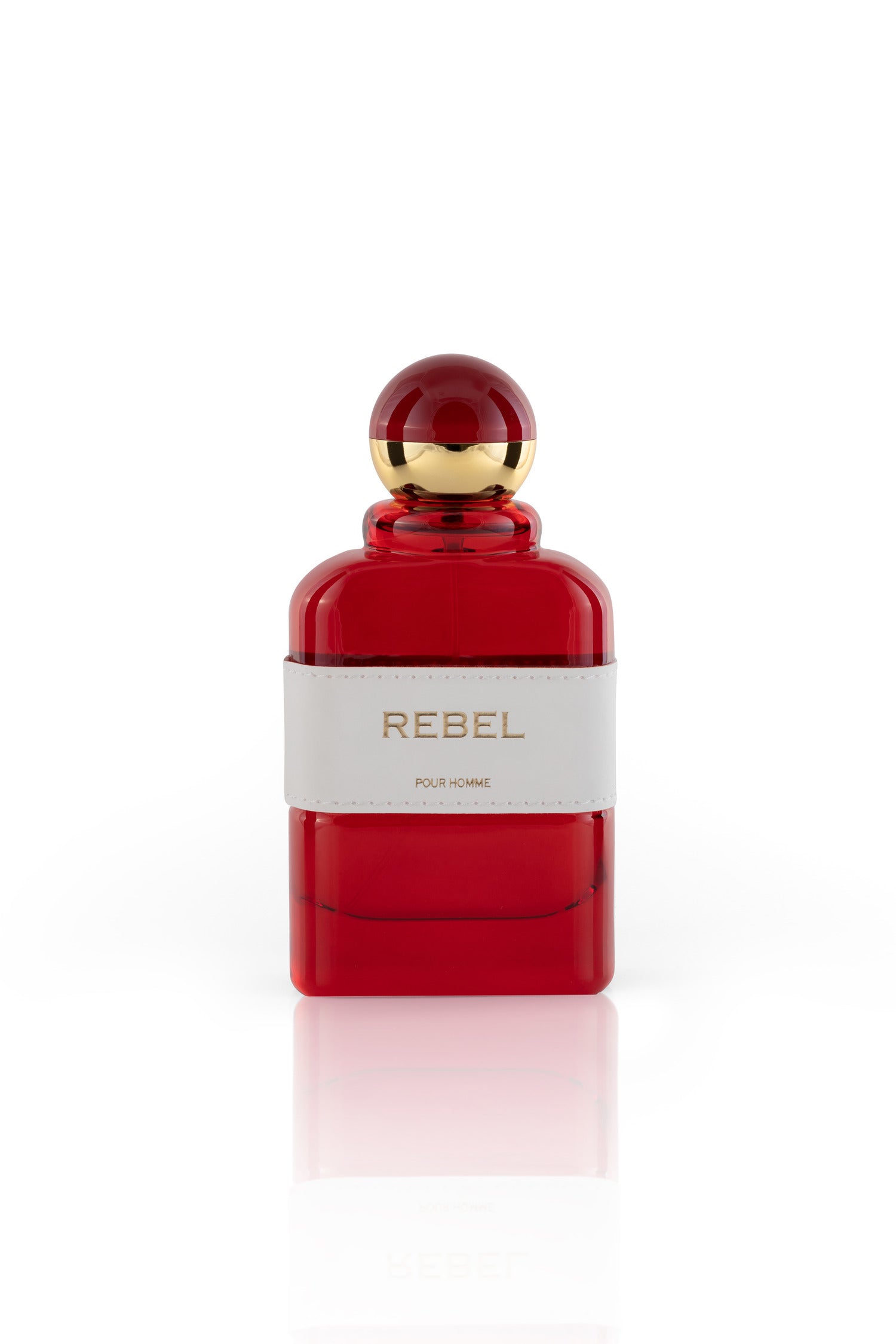REBEL Pour Homme Eau de Parfum vibrant red translucent glass bottle with a white stitched leather-style center band and a spherical red-and-gold cap.