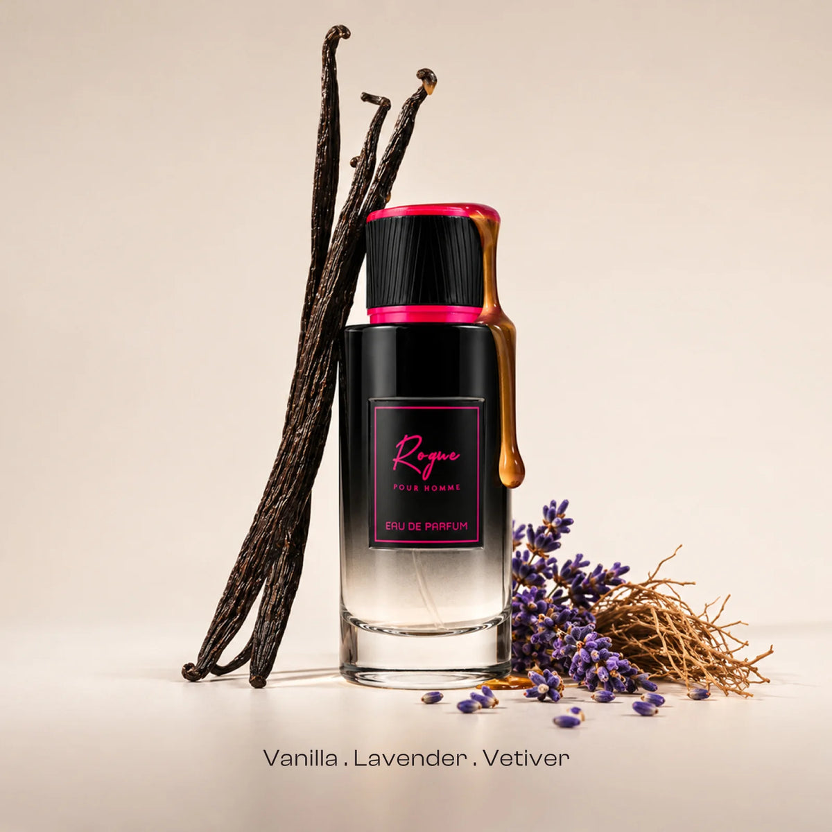 ROGUE for men and women perfume bottle with visible decorative fragrance elements