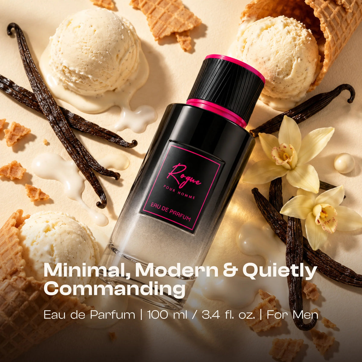 ROGUE perfume bottle presented with visible decorative elements in a styled scene