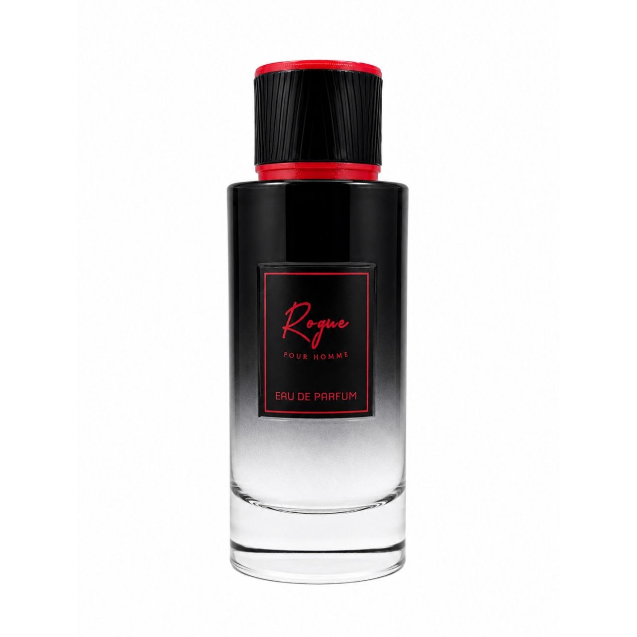 Rogue Pour Homme Eau de Parfum cylindrical glass bottle with a black-to-clear gradient effect, topped with a textured black cap accented with red borders, and featuring a red-framed black front label.