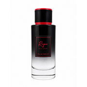 Rogue Pour Homme Eau de Parfum cylindrical glass bottle with a black-to-clear gradient effect, topped with a textured black cap accented with red borders, and featuring a red-framed black front label.
