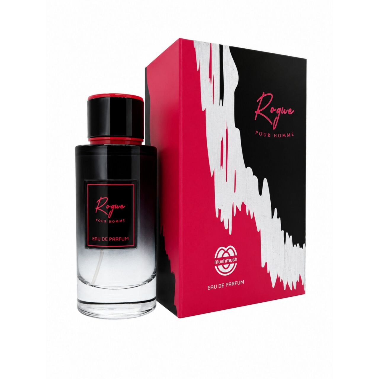 Rogue Pour Homme Eau de Parfum black gradient glass bottle with red accents, standing next to its matching red, white, and black presentation box with brushstroke-style graphics.