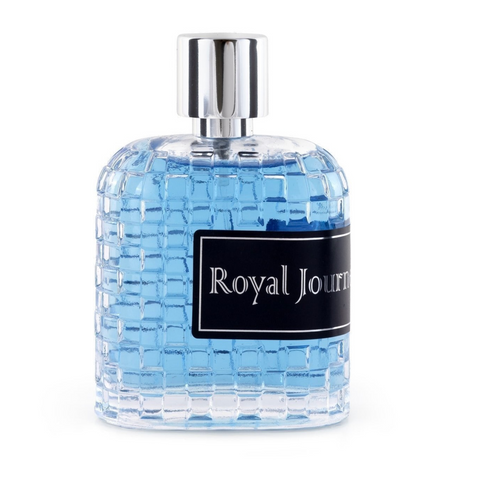Royal Journey Eau de Parfum textured waffle-pattern clear glass bottle filled with vibrant blue liquid, featuring a black rectangular label with white script typography and a polished chrome cap.
