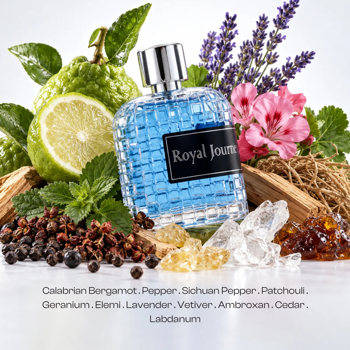 Royal Journey for men perfume bottle surrounded by visible bergamot, lavender, pepper and amber