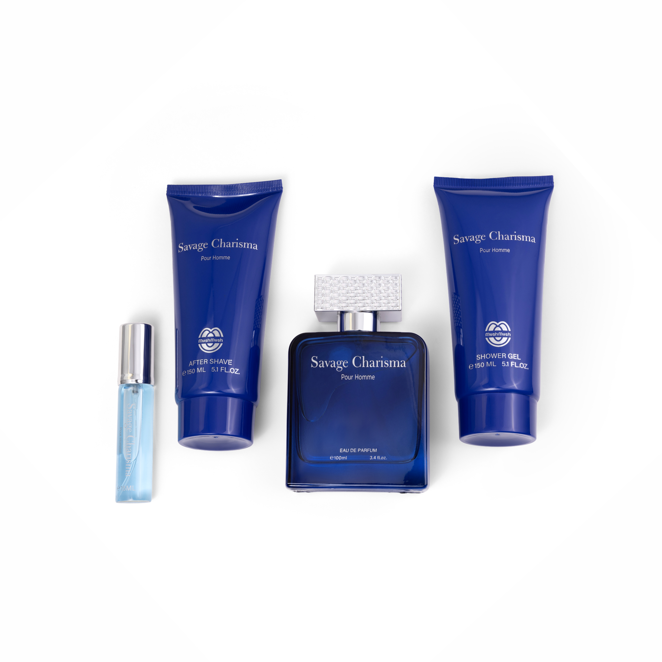 Savage Charisma Pour Homme 4-piece grooming set by MushMush, featuring an Eau de Parfum bottle with a textured silver cap, matching aftershave tube, shower gel tube, and a mini travel spray on a clean white background.