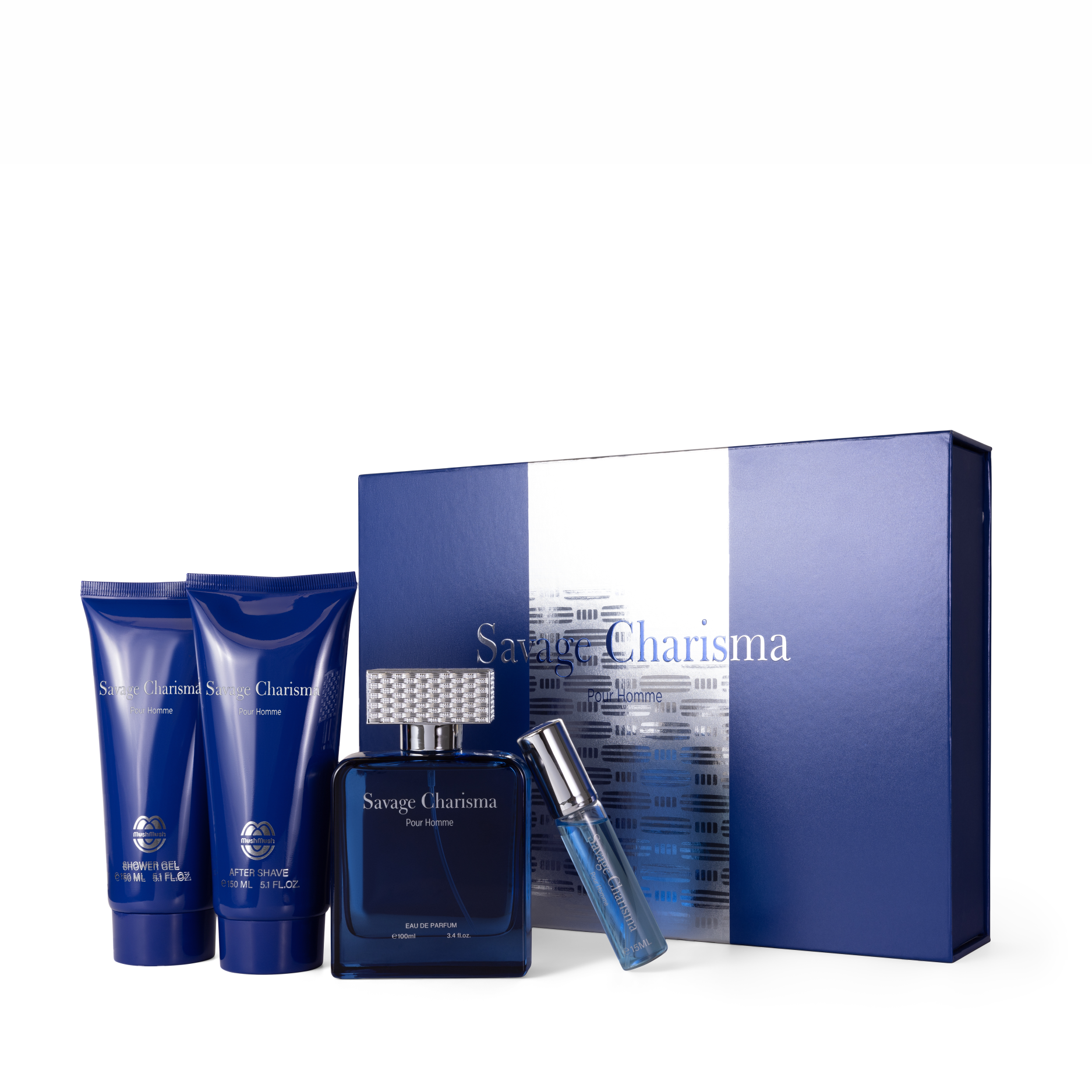 Savage Charisma Pour Homme 4-piece gift set by MushMush, including an Eau de Parfum bottle with a textured silver cap, travel spray, shower gel, and aftershave tubes displayed next to a dark blue packaging box with silver branding.