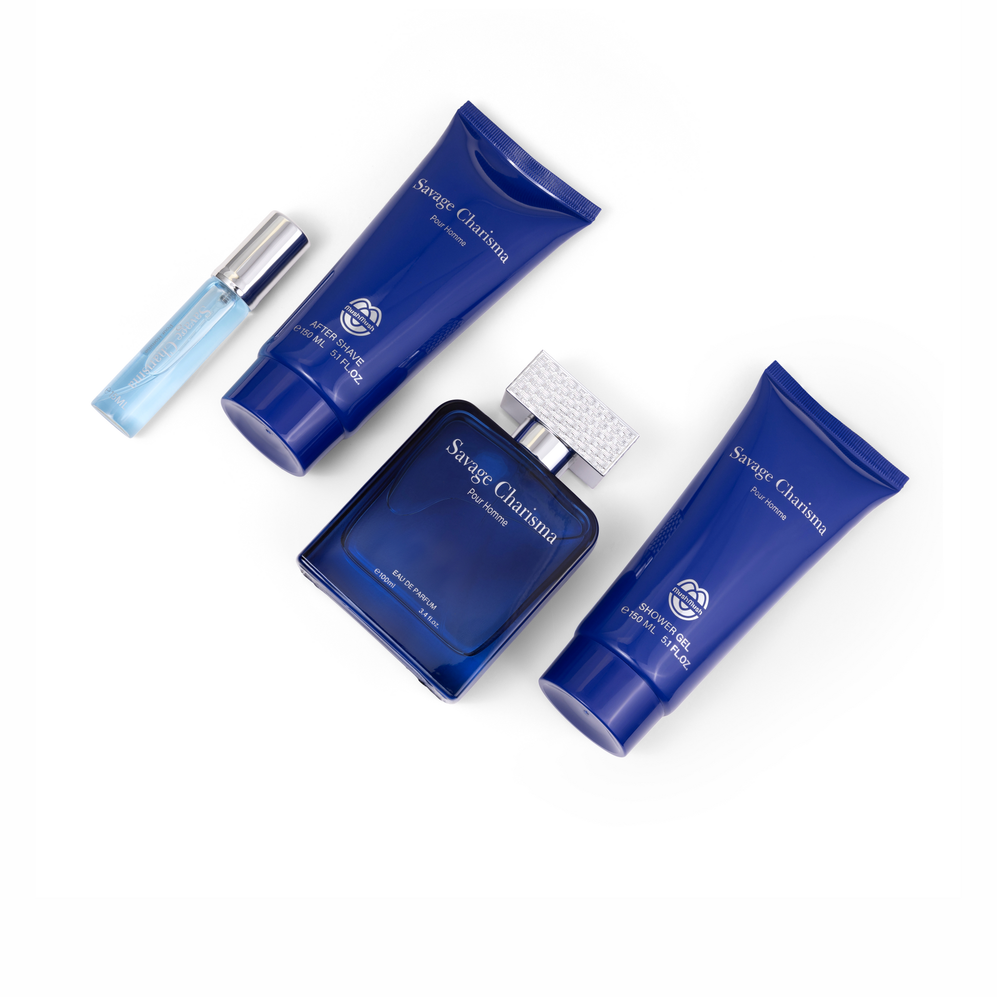 Savage Charisma Pour Homme 4-piece grooming set by MushMush, featuring an Eau de Parfum bottle with a textured silver cap, matching aftershave tube, shower gel tube, and a mini travel spray on a clean white background.
