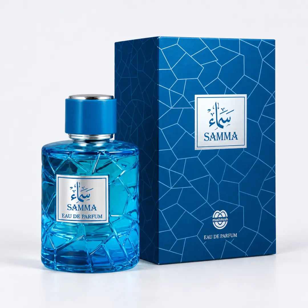 Samma perfume bottle beside its blue geometric packaging box by MUSHMUSH