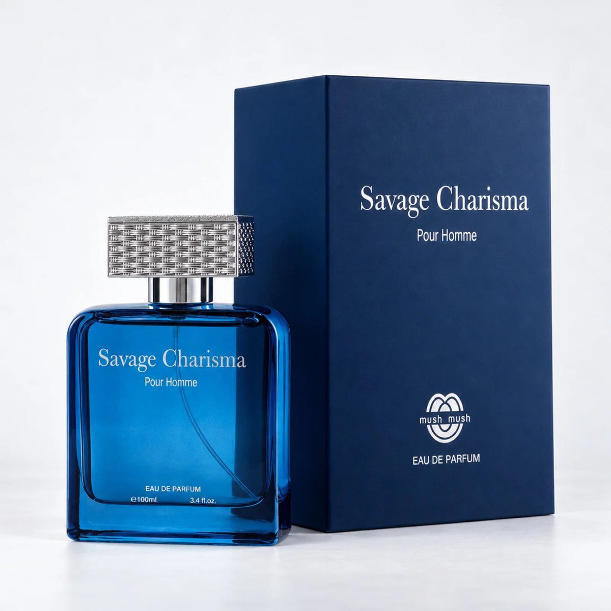 Savage Charisma blue perfume bottle beside its dark blue packaging box by MUSHMUSH