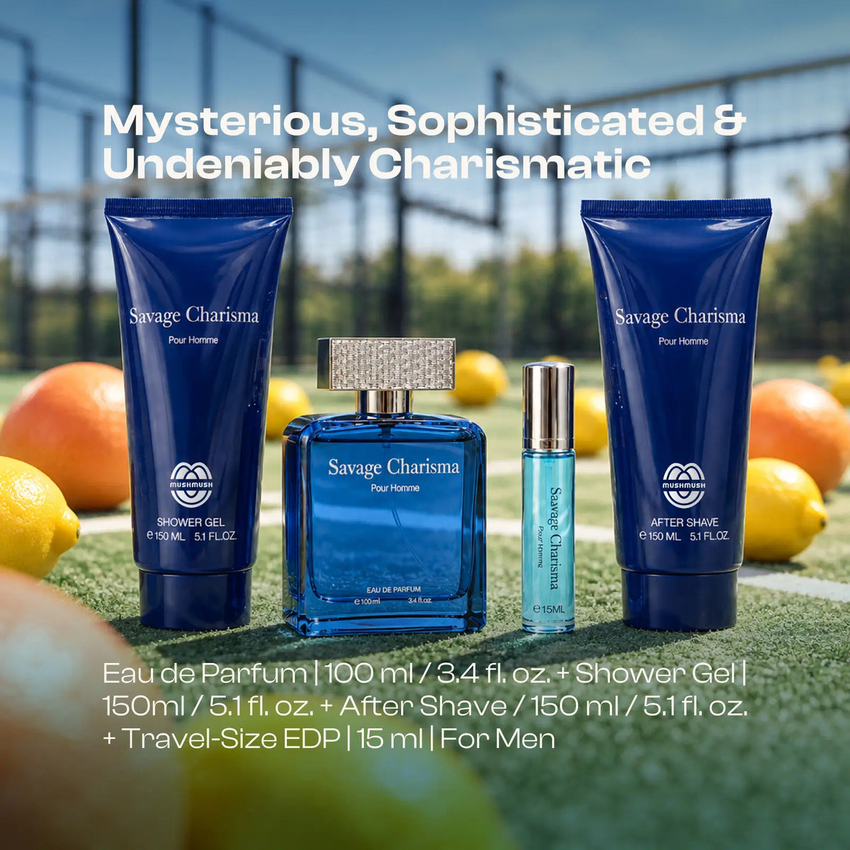Savage Charisma four-piece fragrance set for men showing the dark blue perfume bottle and matching grooming products