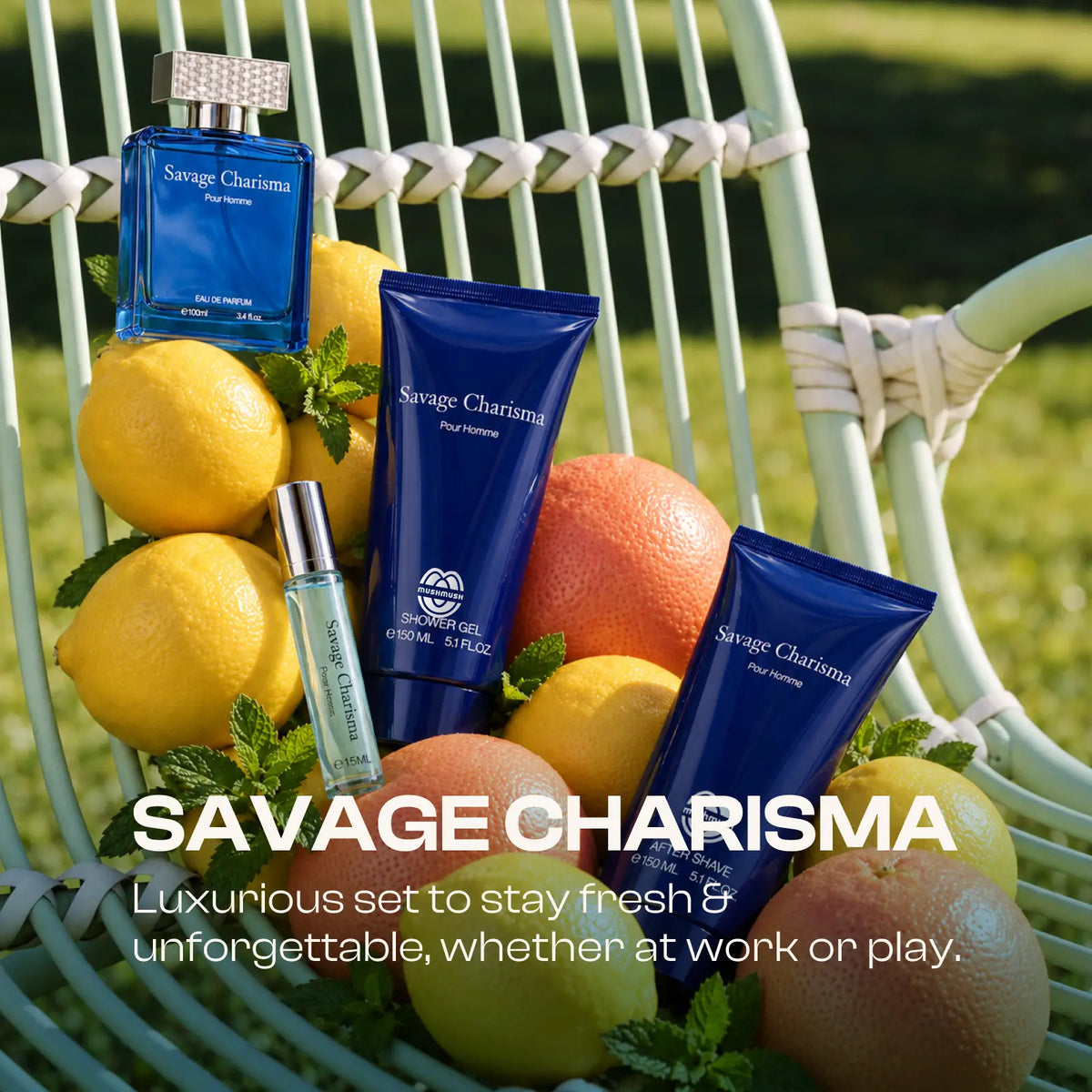 Savage Charisma perfume gift set for men displayed with its dark blue presentation box and matching grooming products