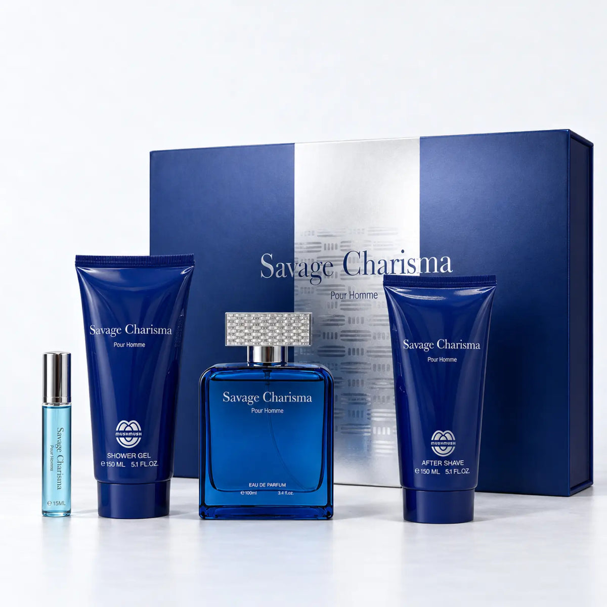 Savage Charisma four-piece fragrance gift set by MUSHMUSH with the blue perfume bottle, travel spray, shower gel and aftershave