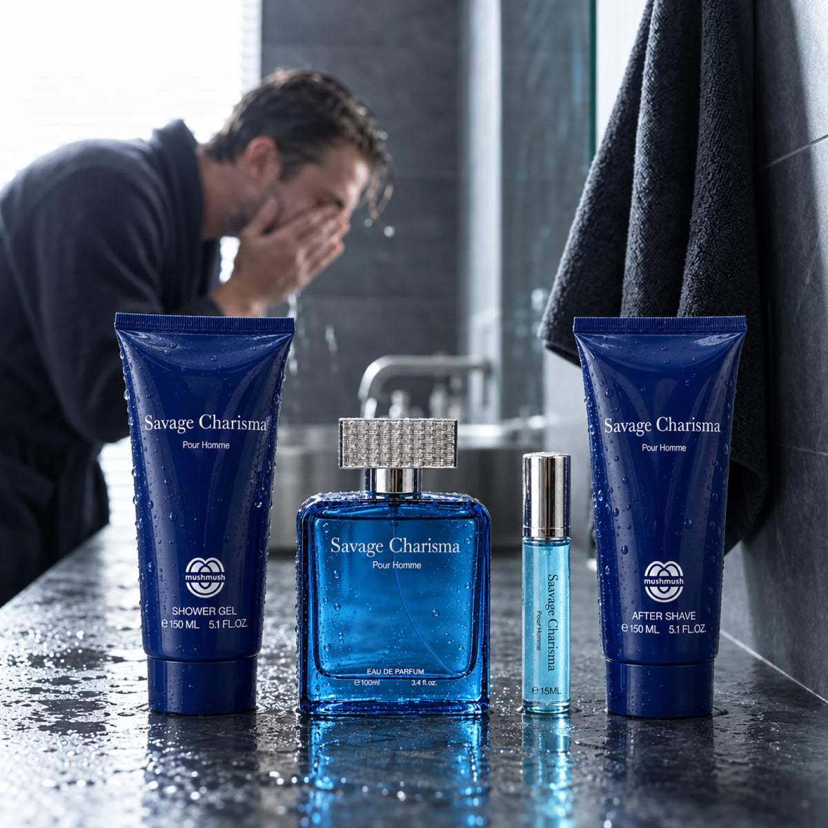 Savage Charisma perfume gift set for men with the Eau de Parfum, travel fragrance, shower gel and aftershave visible