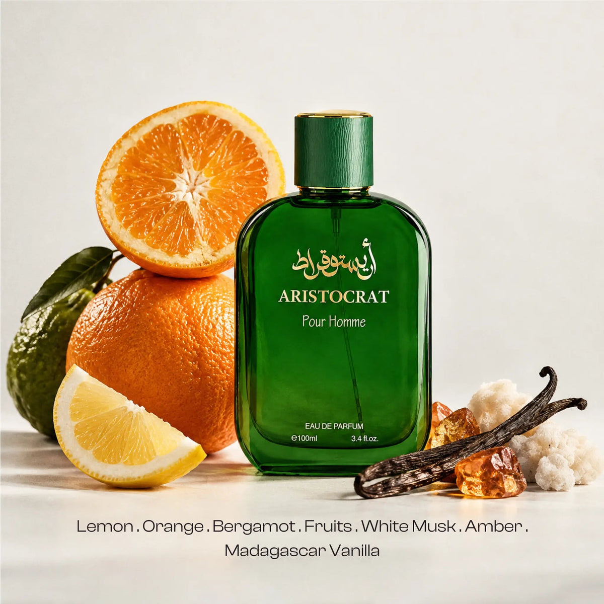 Aristocrat for men Pour Homme bottle surrounded by visible orange, lemon, bergamot, amber and vanilla