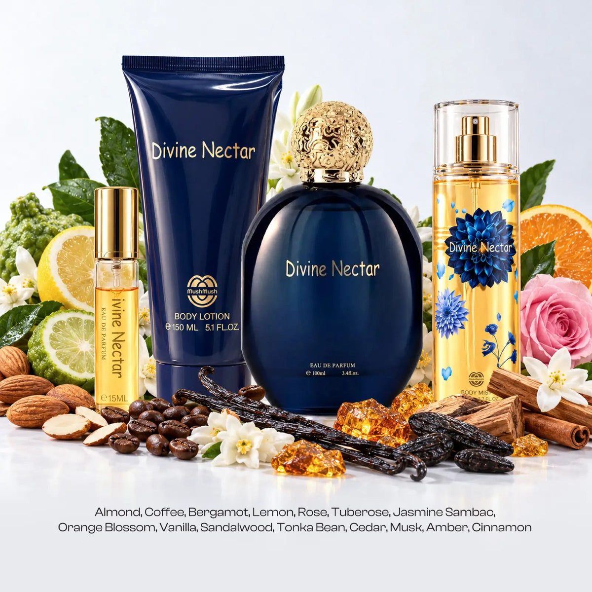 Divine Nectar for women gift set surrounded by visible almond, coffee, lemon, rose, vanilla and cinnamon
