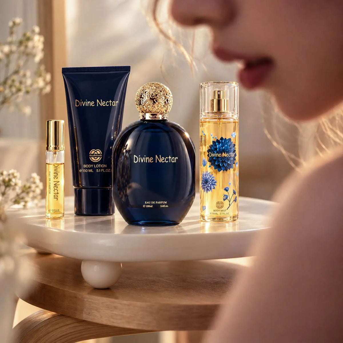 Divine Nectar for women gift set on a round white table as she looks toward the bottles