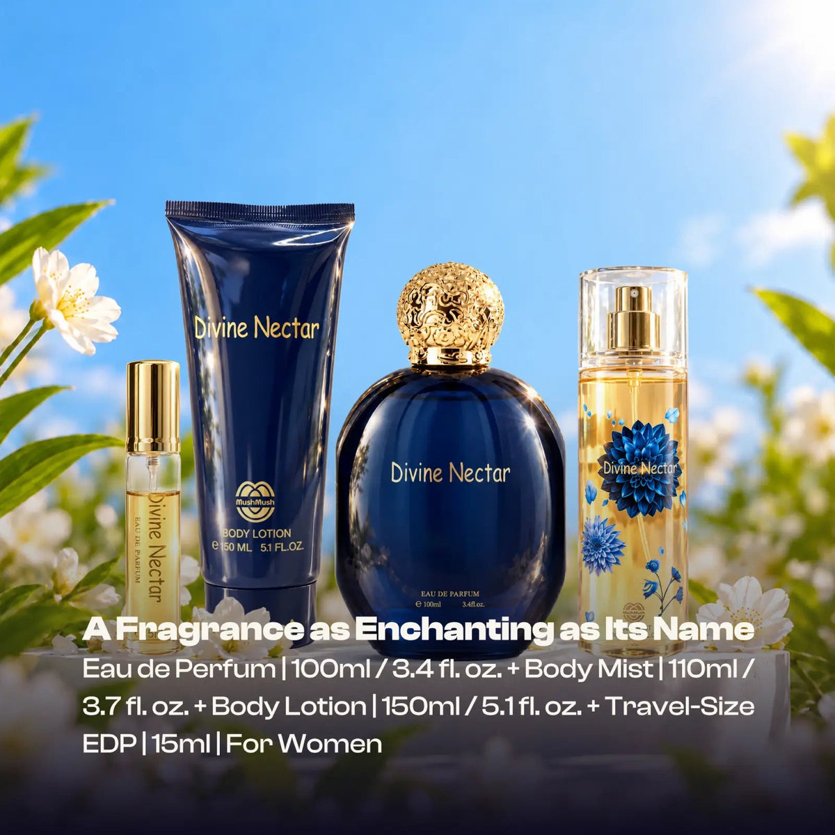 Divine Nectar gift set against a blue sky and white blossoms, captioned a fragrance for women