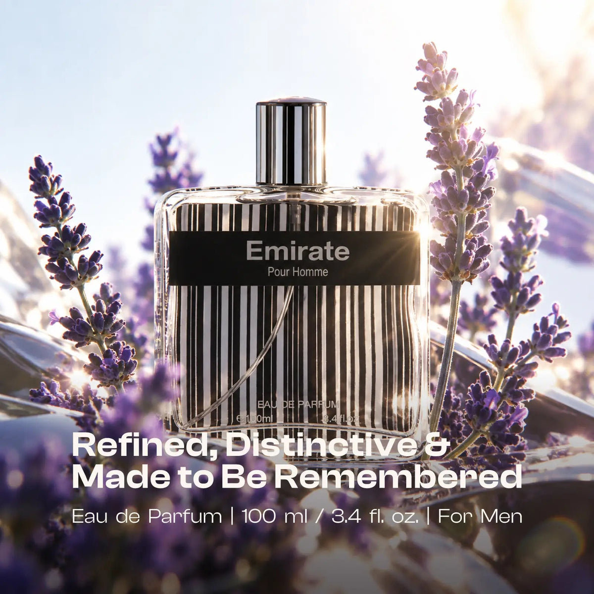 Emirate perfume for men shown among lavender with refined fragrance text.