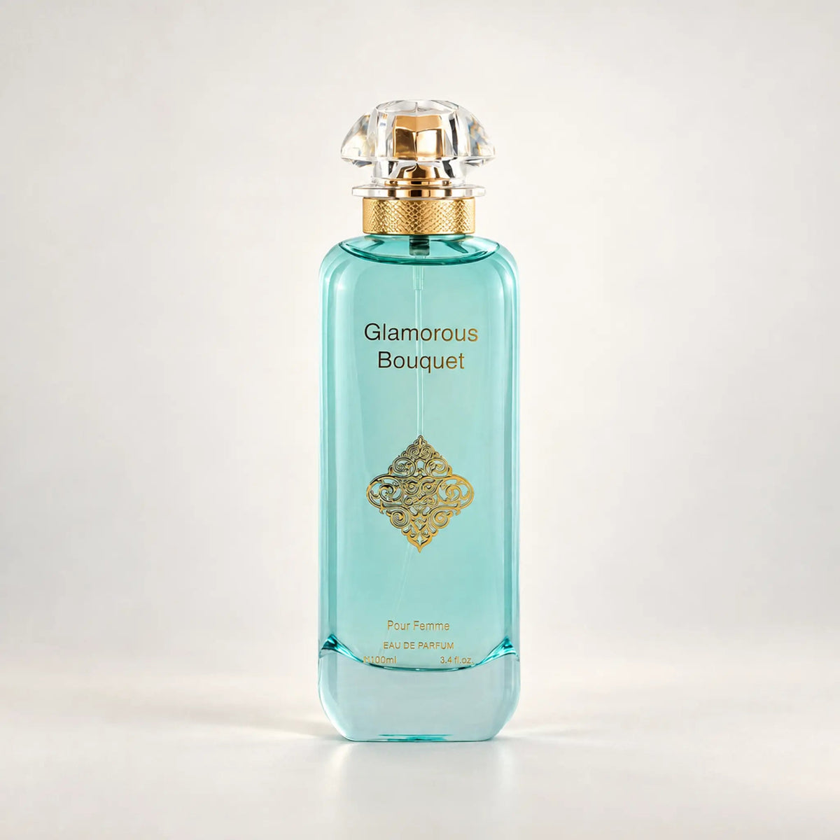 Glamorous Bouquet Pour Femme aqua bottle with a crystal cap and gold diamond filigree by MUSHMUSH