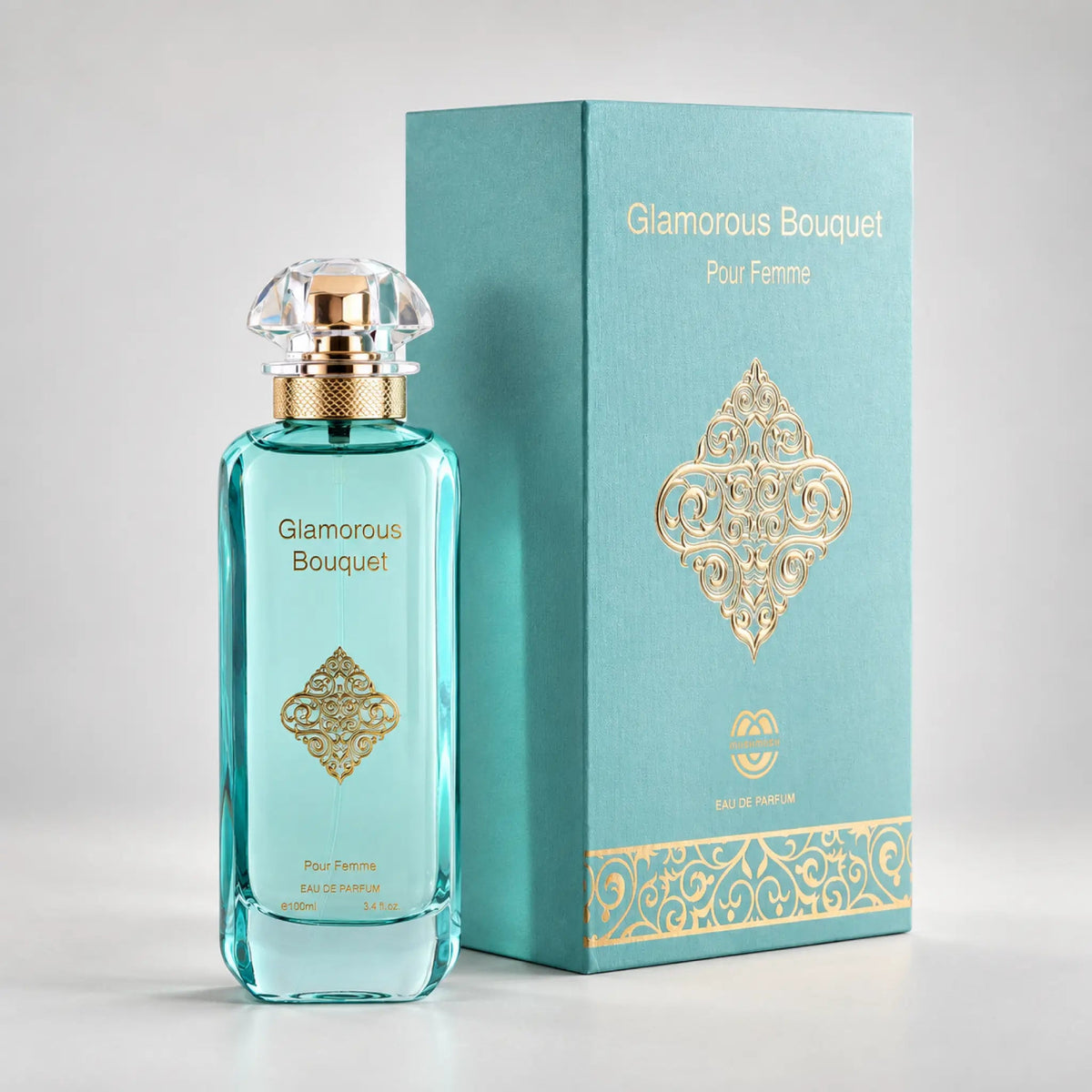 Glamorous Bouquet Pour Femme aqua bottle beside its aqua box with gold filigree by MUSHMUSH
