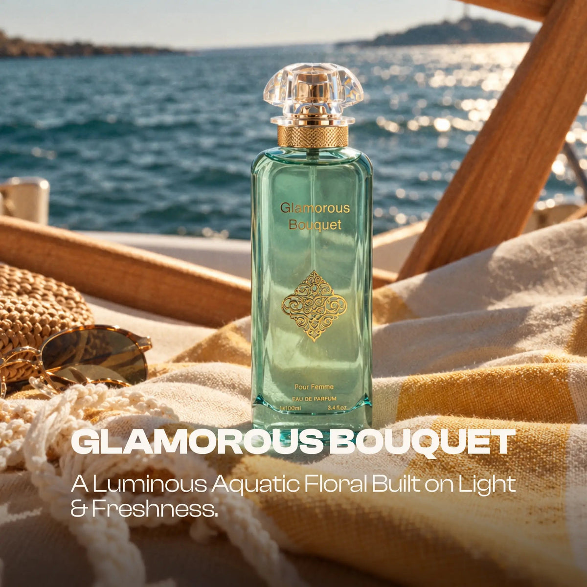 Glamorous Bouquet for women Pour Femme bottle on a boat deck with a straw hat, sunglasses and rope