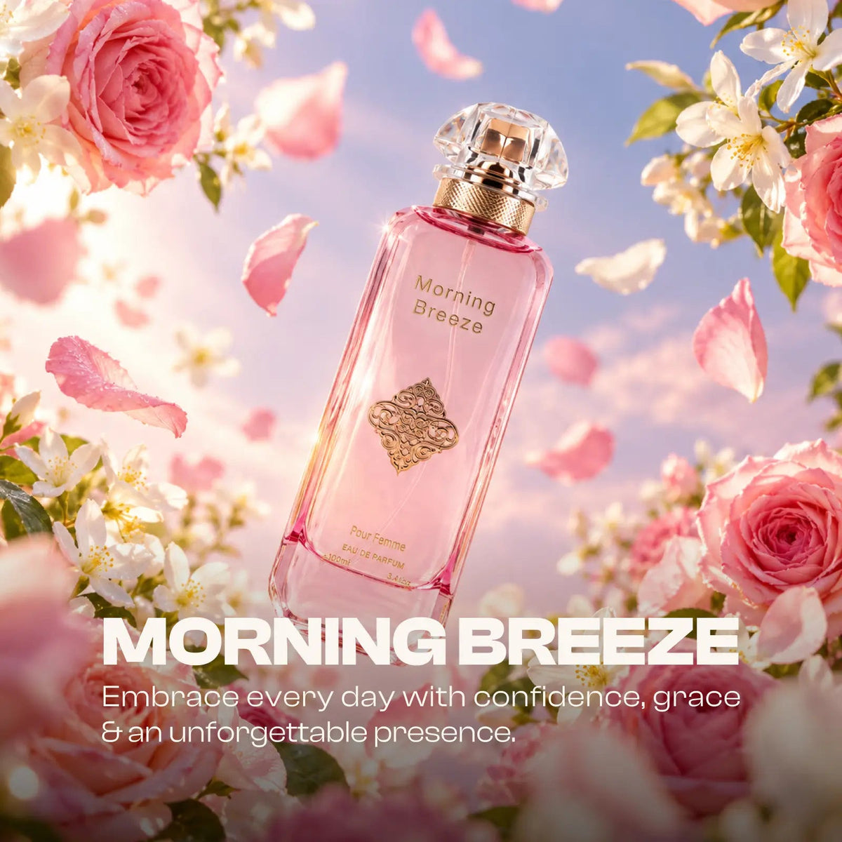 Morning Breeze for women perfume bottle with falling rose petals against a pink sky