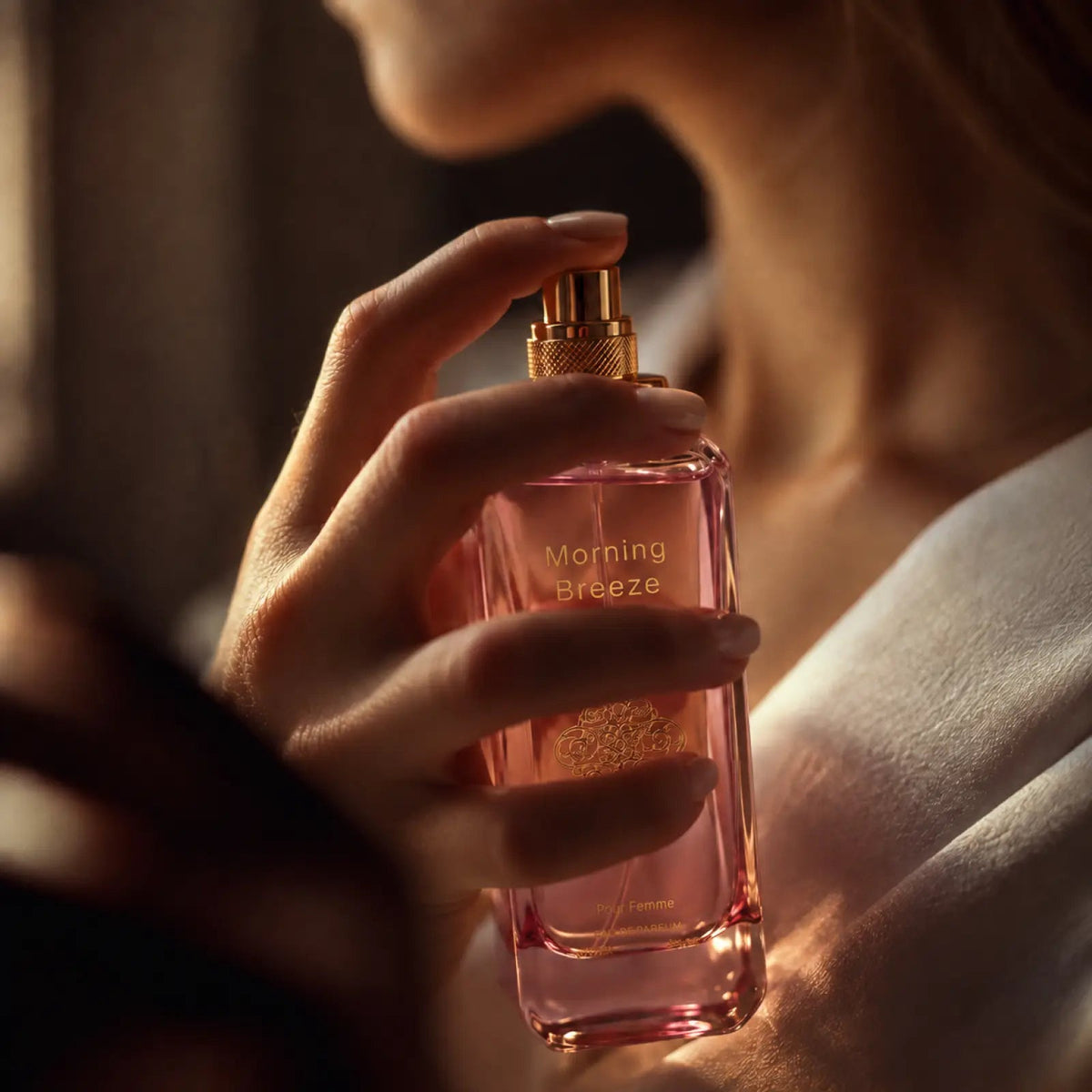 Morning Breeze for women perfume being sprayed from the bottle in her hand