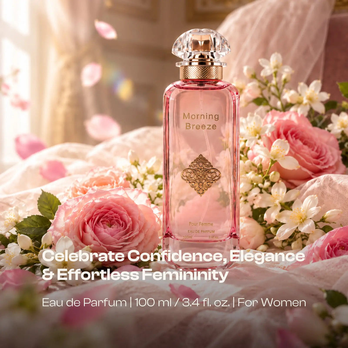 Morning Breeze perfume bottle among pink roses and white flowers in soft light