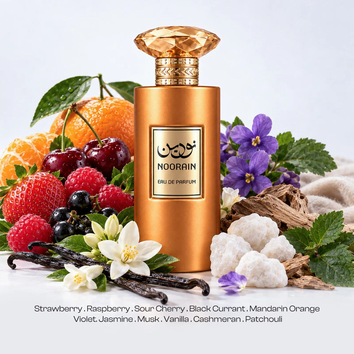 Noorain for women bottle with strawberry, cherry, mandarin, violet, jasmine and vanilla