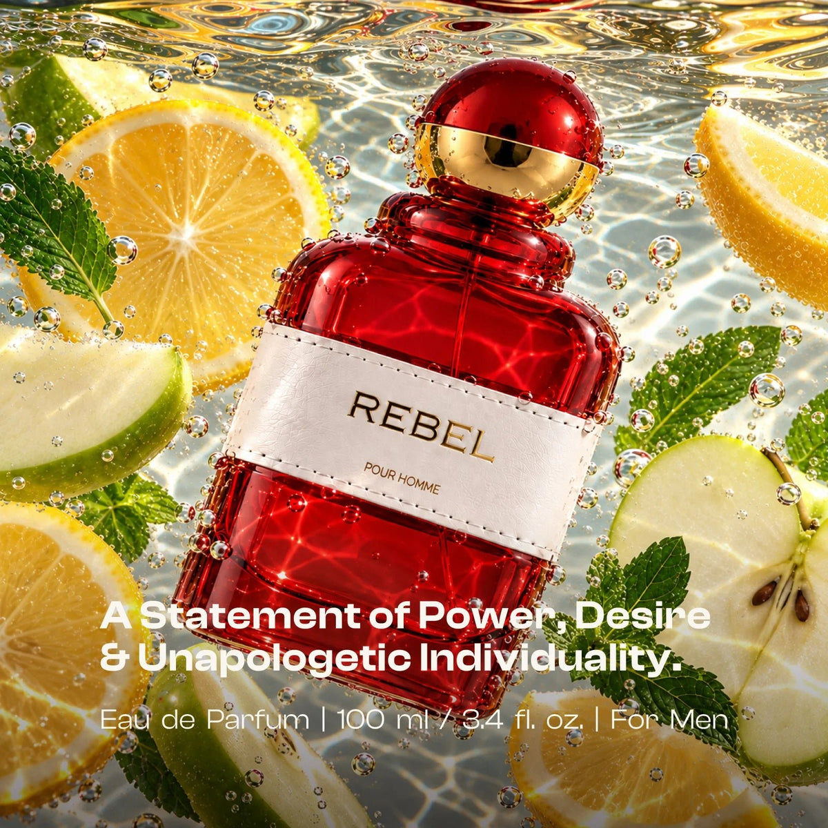 Rebel perfume bottle in splashing water with lemon, lime and apple