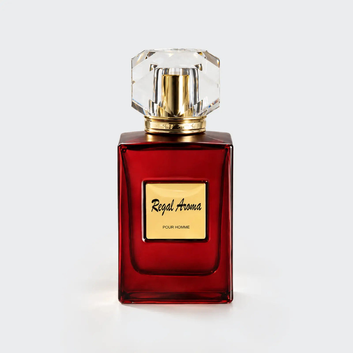 Regal Aroma Pour Homme square ruby bottle with a crystal cap and gold plaque by MUSHMUSH