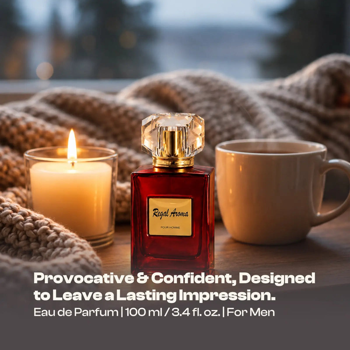 Regal Aroma Pour Homme bottle beside a lit candle and coffee, captioned a lasting scent for men