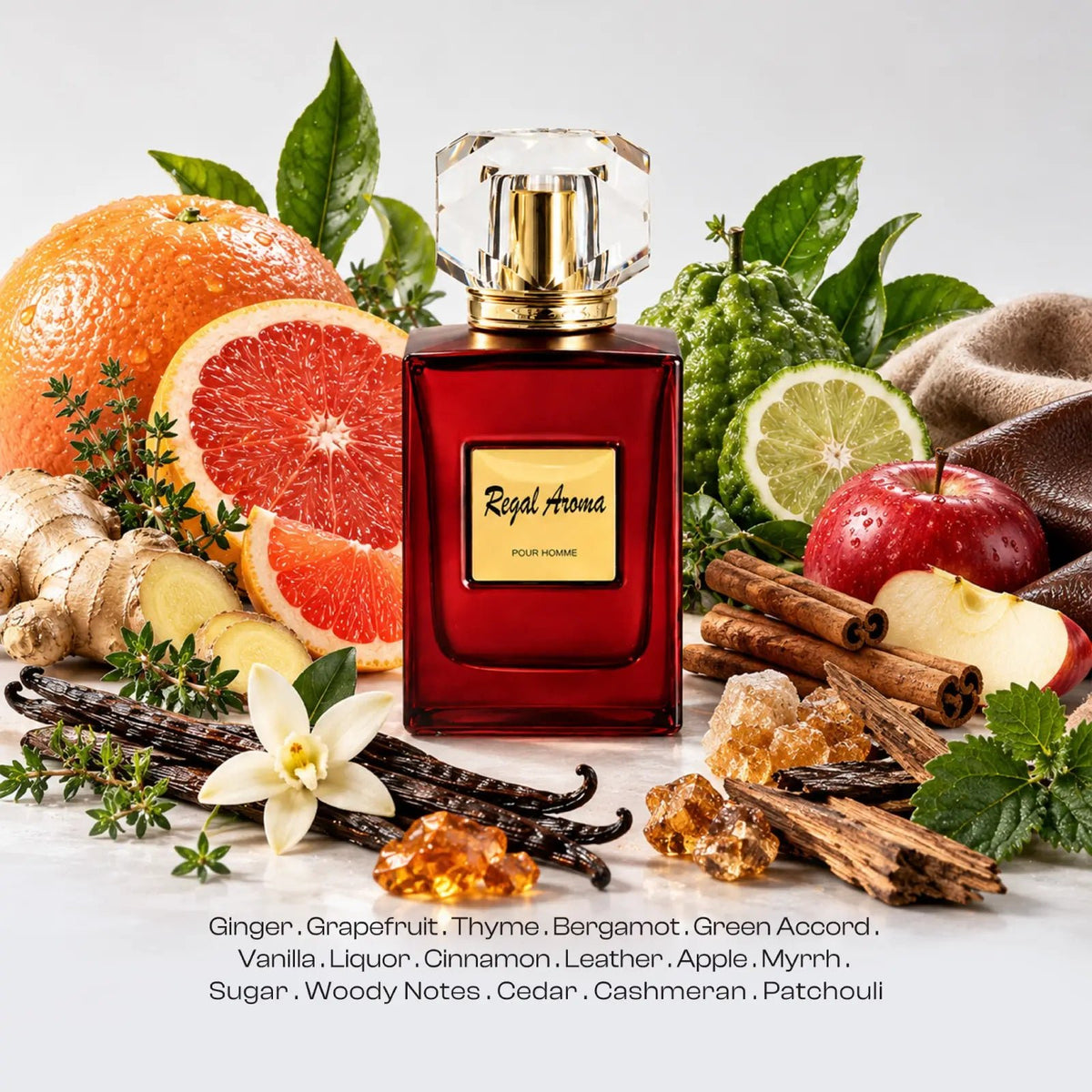 Regal Aroma Pour Homme bottle with grapefruit, ginger, bergamot, apple, cinnamon and vanilla