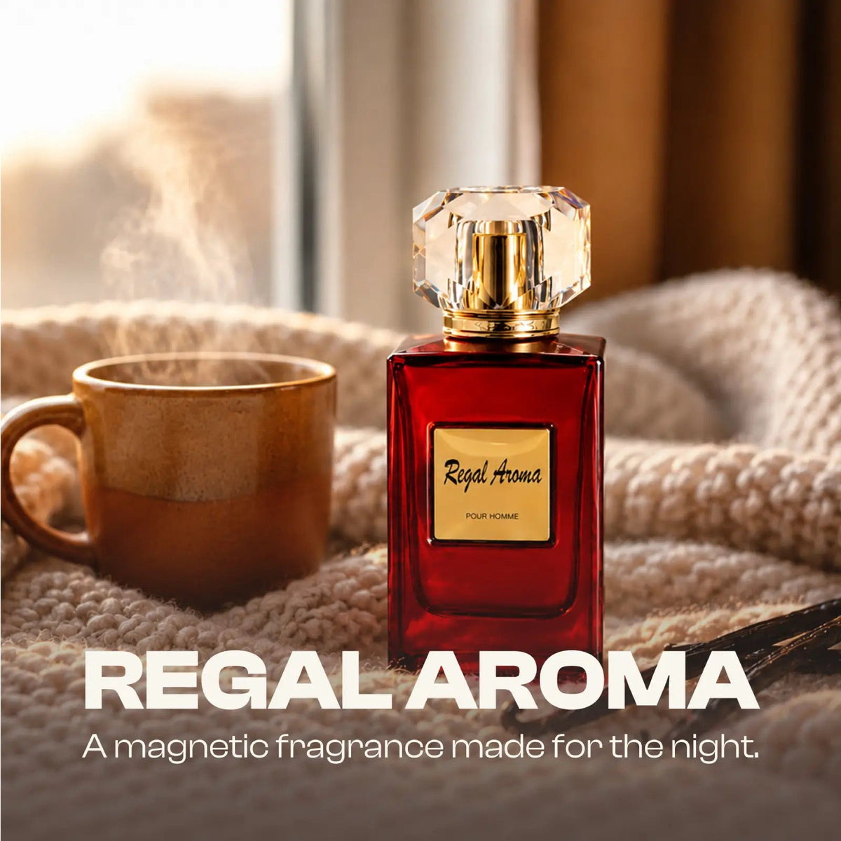 Regal Aroma bottle on a cream knit by a window, captioned a magnetic night fragrance
