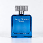 Savage Charisma Pour Homme vibrant blue perfume bottle with a textured silver cap by MUSHMUSH