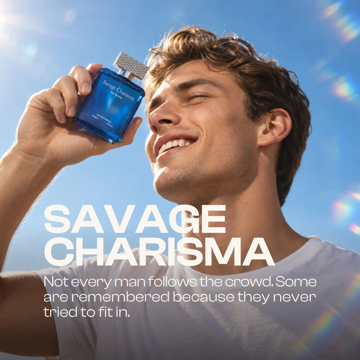 Man holding a Savage Charisma for men perfume bottle outdoors