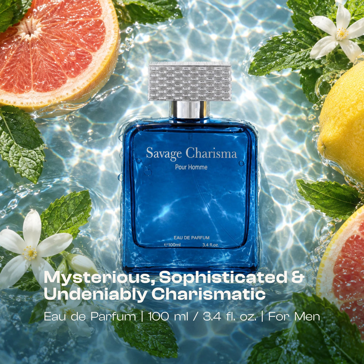 Savage Charisma blue perfume bottle shown over water with grapefruit, lemon, mint and white floral elements